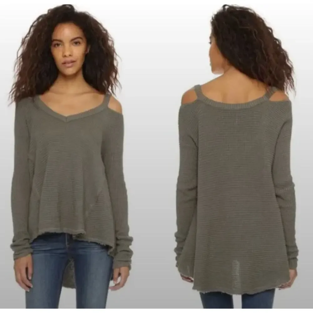 Free People Green Cotton Moonshine Cold Shoulder Boho Knit Sweater S Small
